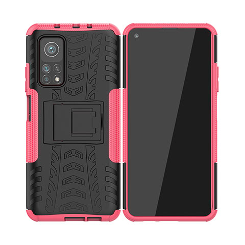 Coque Contour Silicone et Plastique Housse Etui Mat avec Support JX2 pour Xiaomi Mi 10T Pro 5G Rose Rouge