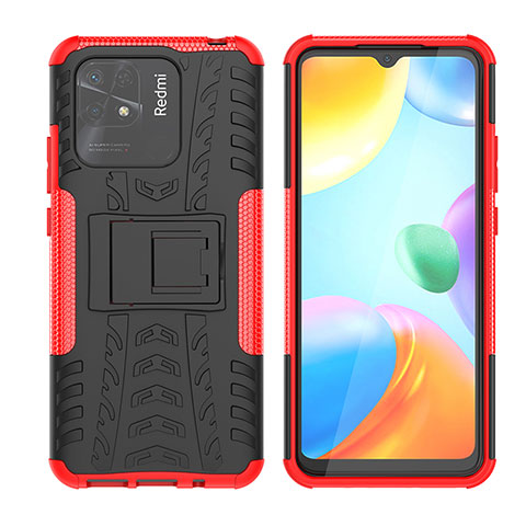 Coque Contour Silicone et Plastique Housse Etui Mat avec Support JX2 pour Xiaomi Redmi 10 India Rouge