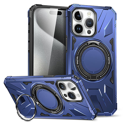 Coque Contour Silicone et Plastique Housse Etui Mat avec Support K02C pour Apple iPhone 16 Pro Max Bleu