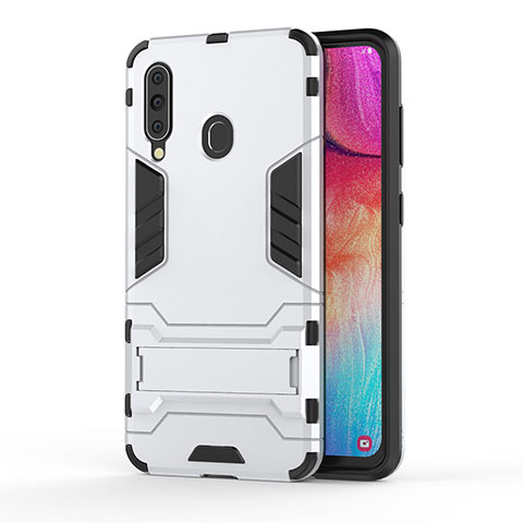 Coque Contour Silicone et Plastique Housse Etui Mat avec Support KC1 pour Samsung Galaxy M40 Blanc