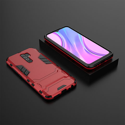 Coque Contour Silicone et Plastique Housse Etui Mat avec Support KC1 pour Xiaomi Redmi 9 Prime India Rouge