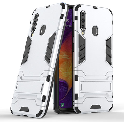 Coque Contour Silicone et Plastique Housse Etui Mat avec Support KC2 pour Samsung Galaxy A60 Blanc