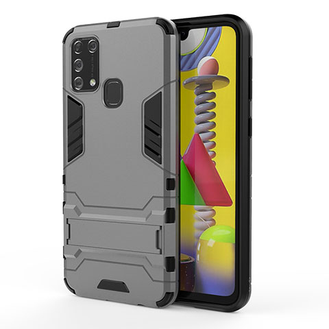 Coque Contour Silicone et Plastique Housse Etui Mat avec Support KC2 pour Samsung Galaxy M21s Gris