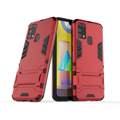 Coque Contour Silicone et Plastique Housse Etui Mat avec Support KC3 pour Samsung Galaxy M31 Prime Edition Rouge