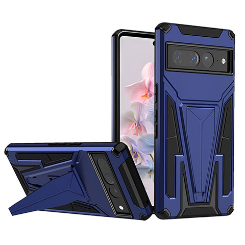 Coque Contour Silicone et Plastique Housse Etui Mat avec Support MQ1 pour Google Pixel 7 Pro 5G Bleu