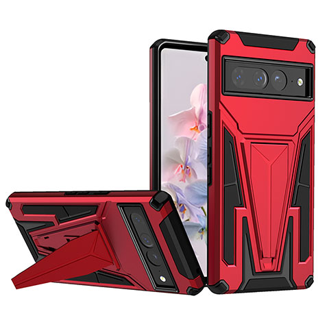 Coque Contour Silicone et Plastique Housse Etui Mat avec Support MQ1 pour Google Pixel 7 Pro 5G Rouge