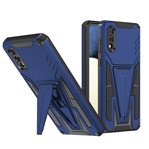 Coque Contour Silicone et Plastique Housse Etui Mat avec Support MQ1 pour Samsung Galaxy A02 Bleu