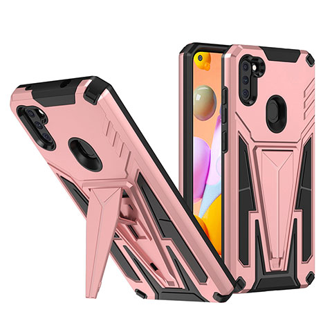 Coque Contour Silicone et Plastique Housse Etui Mat avec Support MQ1 pour Samsung Galaxy A11 Or Rose