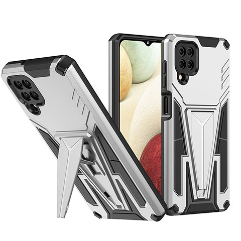 Coque Contour Silicone et Plastique Housse Etui Mat avec Support MQ1 pour Samsung Galaxy A12 Argent