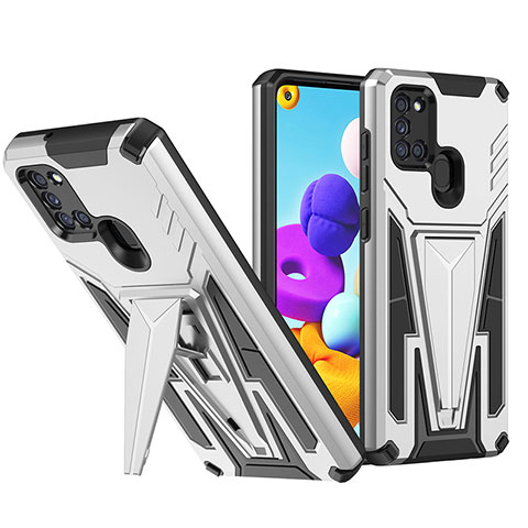 Coque Contour Silicone et Plastique Housse Etui Mat avec Support MQ1 pour Samsung Galaxy A21 Argent