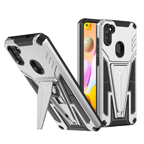 Coque Contour Silicone et Plastique Housse Etui Mat avec Support MQ1 pour Samsung Galaxy M11 Argent