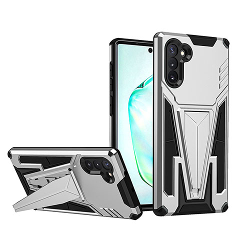 Coque Contour Silicone et Plastique Housse Etui Mat avec Support MQ1 pour Samsung Galaxy Note 10 5G Argent