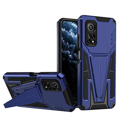 Coque Contour Silicone et Plastique Housse Etui Mat avec Support MQ1 pour Xiaomi Mi 10T 5G Bleu