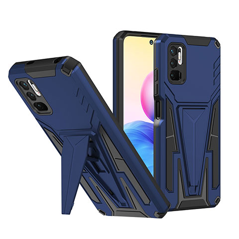 Coque Contour Silicone et Plastique Housse Etui Mat avec Support MQ1 pour Xiaomi Redmi Note 10T 5G Bleu