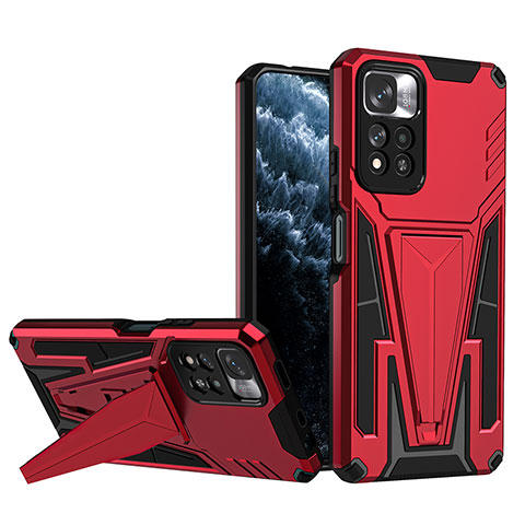 Coque Contour Silicone et Plastique Housse Etui Mat avec Support MQ1 pour Xiaomi Redmi Note 11 Pro+ Plus 5G Rouge