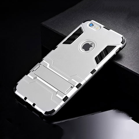 Coque Contour Silicone et Plastique Housse Etui Mat avec Support pour Apple iPhone 6S Argent