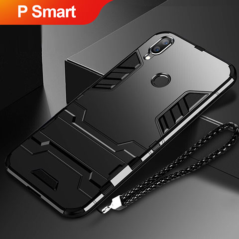 Coque Contour Silicone et Plastique Housse Etui Mat avec Support pour Huawei P Smart (2019) Noir