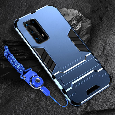 Coque Contour Silicone et Plastique Housse Etui Mat avec Support pour Huawei P40 Pro+ Plus Bleu