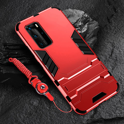 Coque Contour Silicone et Plastique Housse Etui Mat avec Support pour Huawei P40 Pro Rouge