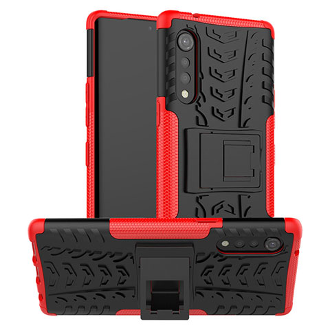 Coque Contour Silicone et Plastique Housse Etui Mat avec Support pour LG Velvet 4G Rouge