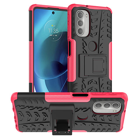 Coque Contour Silicone et Plastique Housse Etui Mat avec Support pour Motorola Moto G51 5G Rose Rouge