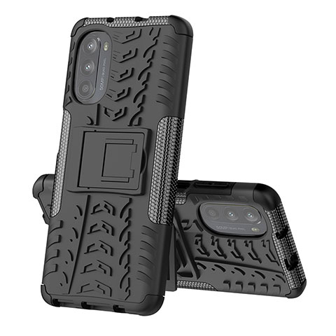 Coque Contour Silicone et Plastique Housse Etui Mat avec Support pour Motorola Moto G71s 5G Noir