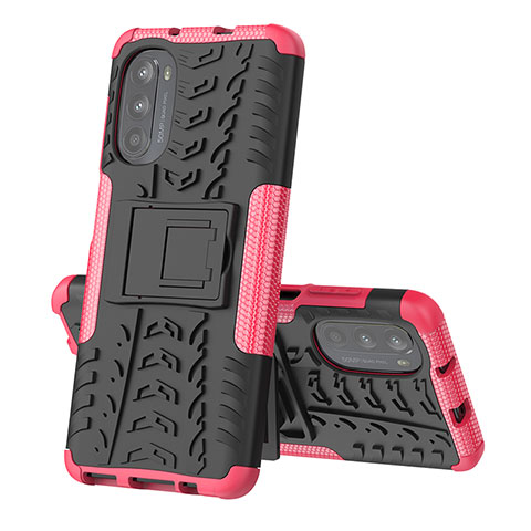 Coque Contour Silicone et Plastique Housse Etui Mat avec Support pour Motorola Moto G71s 5G Rose Rouge