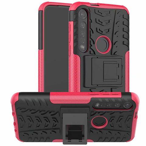 Coque Contour Silicone et Plastique Housse Etui Mat avec Support pour Motorola Moto G8 Plus Rose Rouge