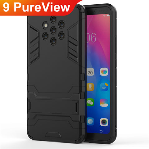 Coque Contour Silicone et Plastique Housse Etui Mat avec Support pour Nokia 9 PureView Noir