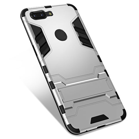 Coque Contour Silicone et Plastique Housse Etui Mat avec Support pour OnePlus 5T A5010 Argent