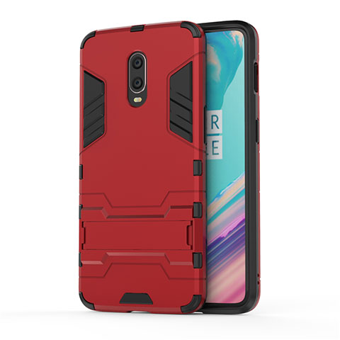 Coque Contour Silicone et Plastique Housse Etui Mat avec Support pour OnePlus 7 Rouge