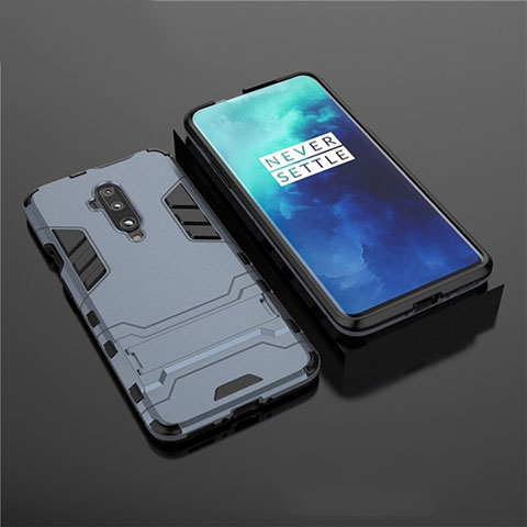 Coque Contour Silicone et Plastique Housse Etui Mat avec Support pour OnePlus 7T Pro Bleu