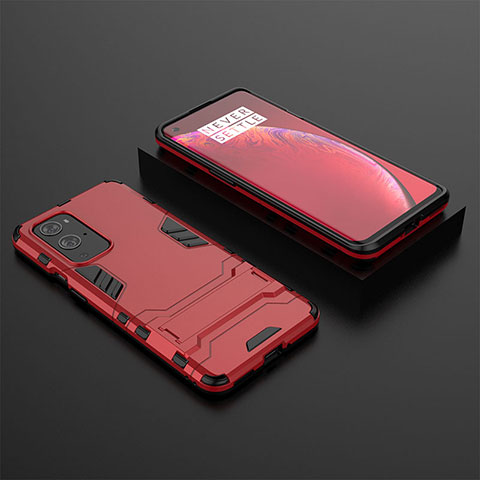 Coque Contour Silicone et Plastique Housse Etui Mat avec Support pour OnePlus 9 Pro 5G Rouge