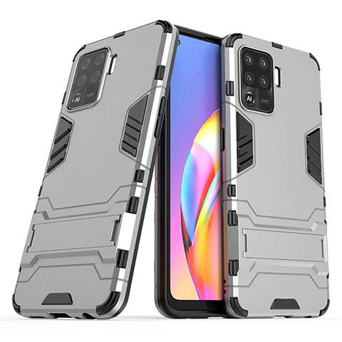 Coque Contour Silicone et Plastique Housse Etui Mat avec Support pour Oppo A94 4G Gris