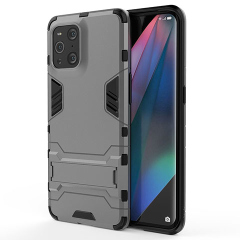 Coque Contour Silicone et Plastique Housse Etui Mat avec Support pour Oppo Find X3 5G Gris