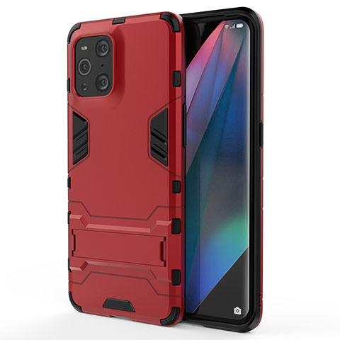 Coque Contour Silicone et Plastique Housse Etui Mat avec Support pour Oppo Find X3 5G Rouge