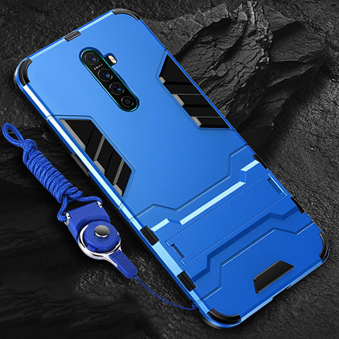 Coque Contour Silicone et Plastique Housse Etui Mat avec Support pour Oppo Reno Ace Bleu