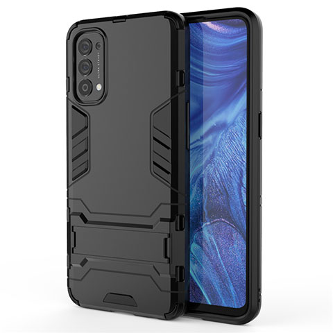 Coque Contour Silicone et Plastique Housse Etui Mat avec Support pour Oppo Reno4 4G Noir