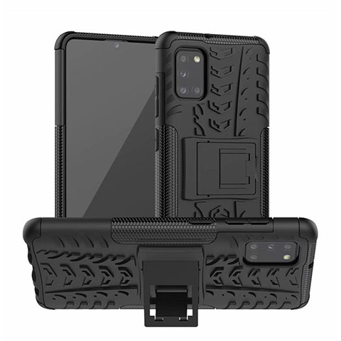 Coque Contour Silicone et Plastique Housse Etui Mat avec Support pour Samsung Galaxy A31 Noir