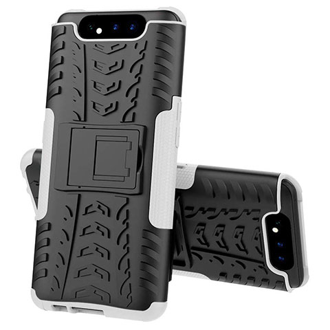 Coque Contour Silicone et Plastique Housse Etui Mat avec Support pour Samsung Galaxy A90 4G Blanc