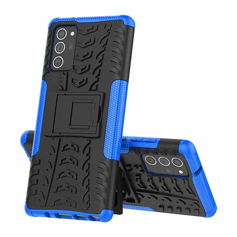 Coque Contour Silicone et Plastique Housse Etui Mat avec Support pour Samsung Galaxy Note 20 5G Bleu