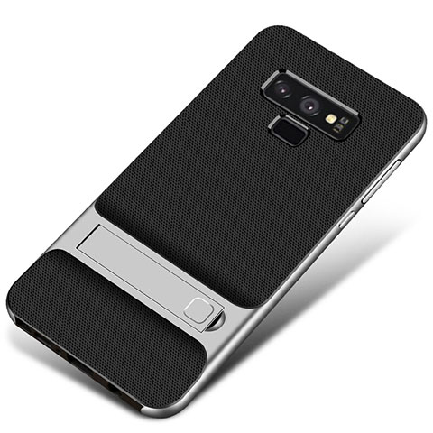 Coque Contour Silicone et Plastique Housse Etui Mat avec Support pour Samsung Galaxy Note 9 Argent