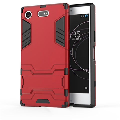 Coque Contour Silicone et Plastique Housse Etui Mat avec Support pour Sony Xperia XZ1 Compact Rouge