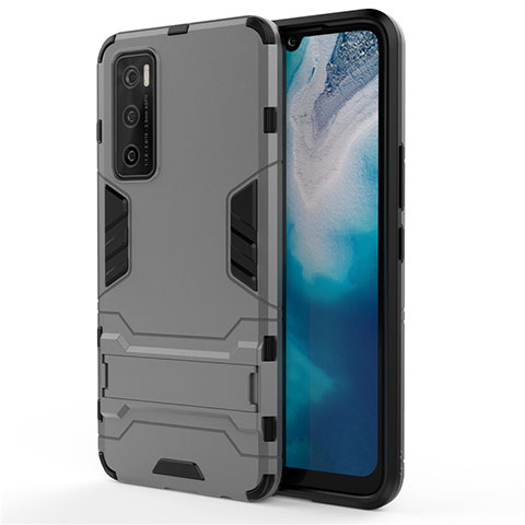 Coque Contour Silicone et Plastique Housse Etui Mat avec Support pour Vivo V20 SE Gris