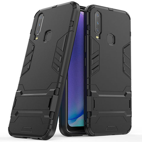 Coque Contour Silicone et Plastique Housse Etui Mat avec Support pour Vivo Y12 Noir