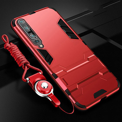 Coque Contour Silicone et Plastique Housse Etui Mat avec Support pour Xiaomi Mi 10 Pro Rouge