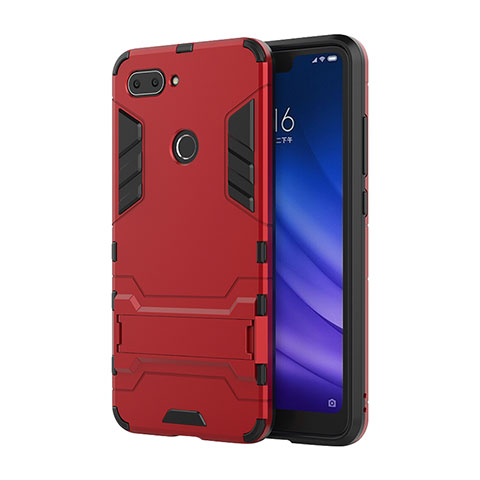 Coque Contour Silicone et Plastique Housse Etui Mat avec Support pour Xiaomi Mi 8 Lite Rouge