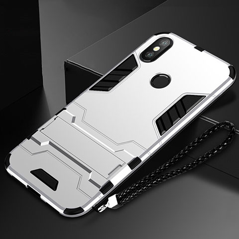 Coque Contour Silicone et Plastique Housse Etui Mat avec Support pour Xiaomi Mi Mix 3 Argent