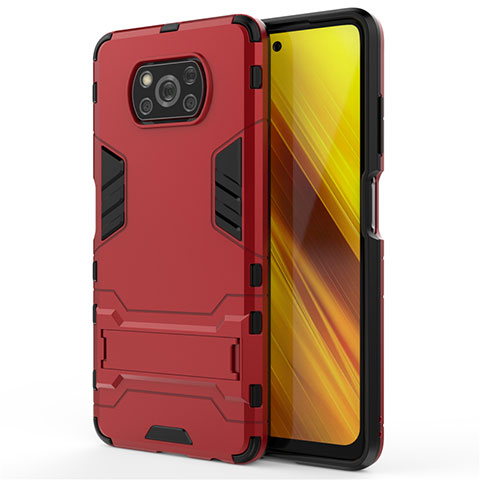 Coque Contour Silicone et Plastique Housse Etui Mat avec Support pour Xiaomi Poco X3 NFC Rouge