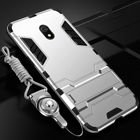 Coque Contour Silicone et Plastique Housse Etui Mat avec Support pour Xiaomi Redmi 8A Argent